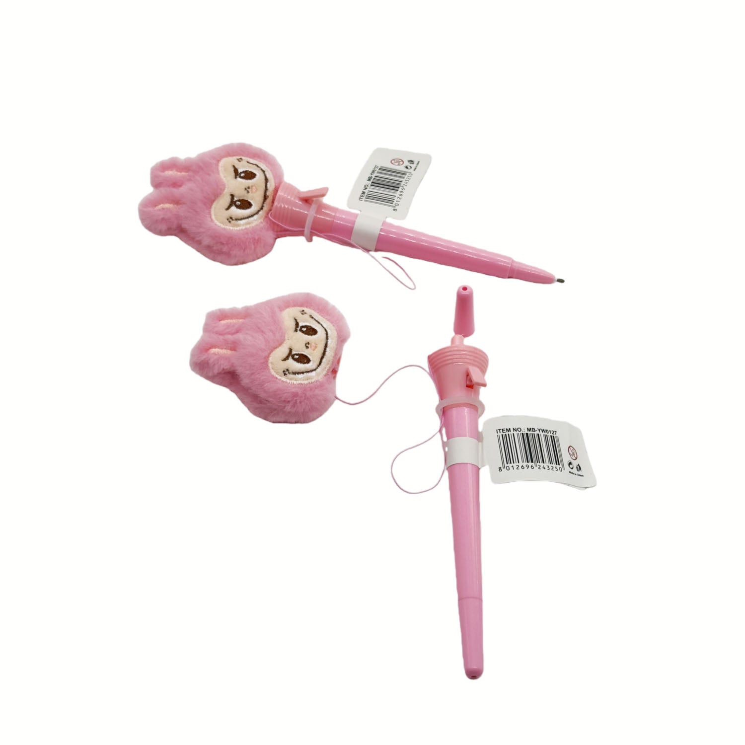 Pink plush boxing-style pen with bunny-face mitt tip and matching cap.