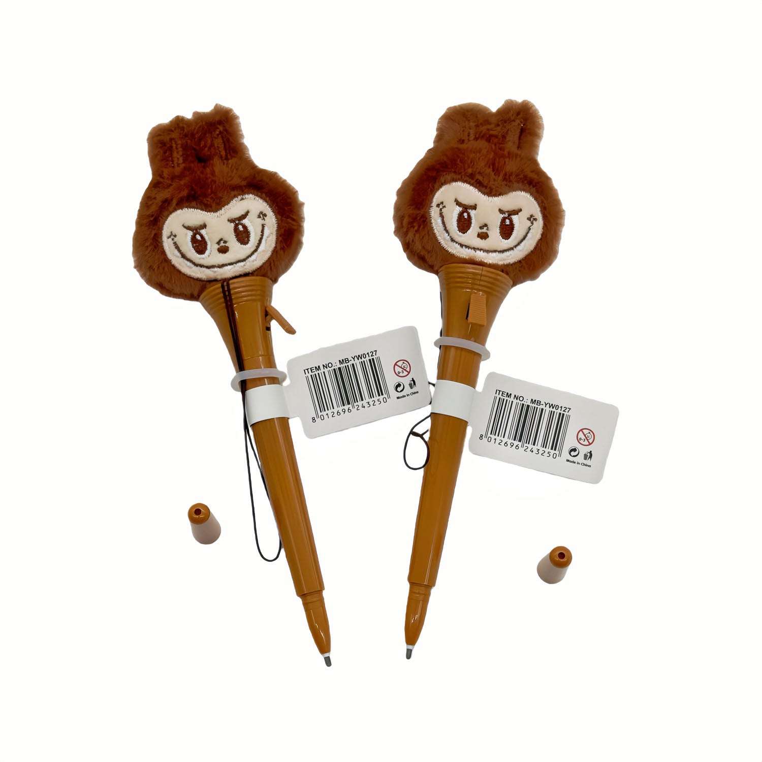 Plush boxing-style pen pair with brown shafts and rounded face mitt tops.