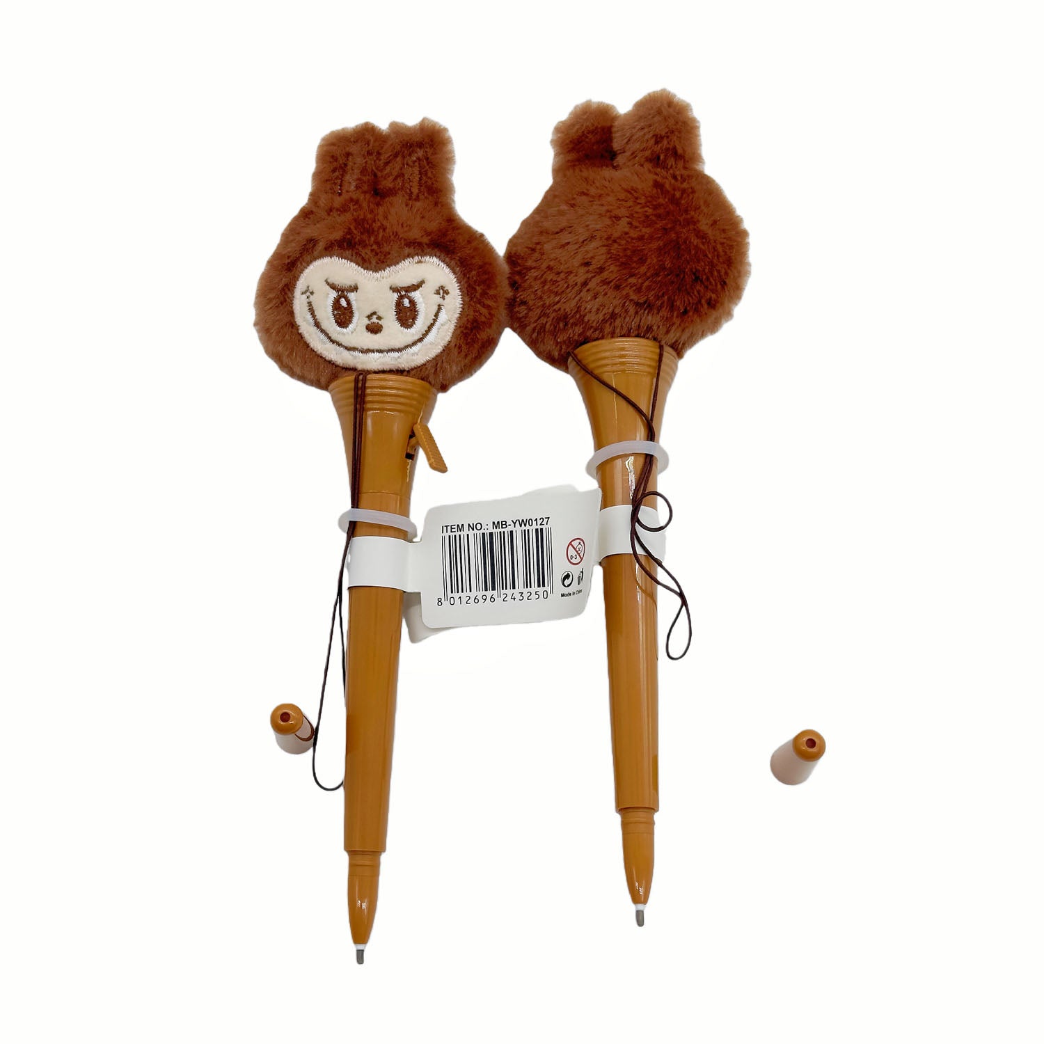 Plush boxing-style pens with brown shafts and face mitt tops, two-pack.