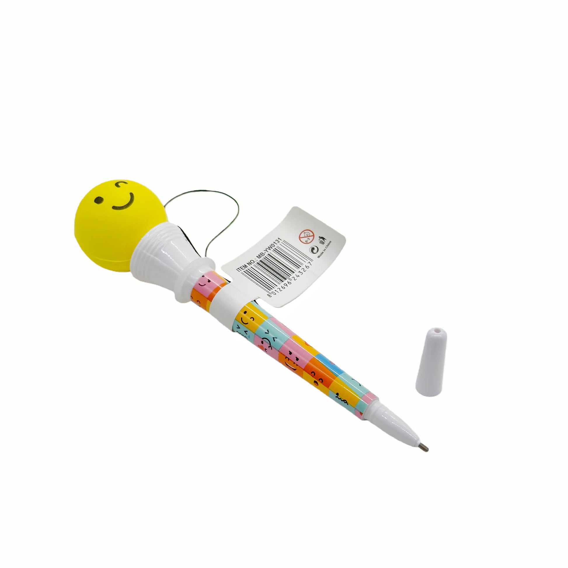 Toy pen with yellow boxing glove top, colorful barrel, white cap and dangling cord