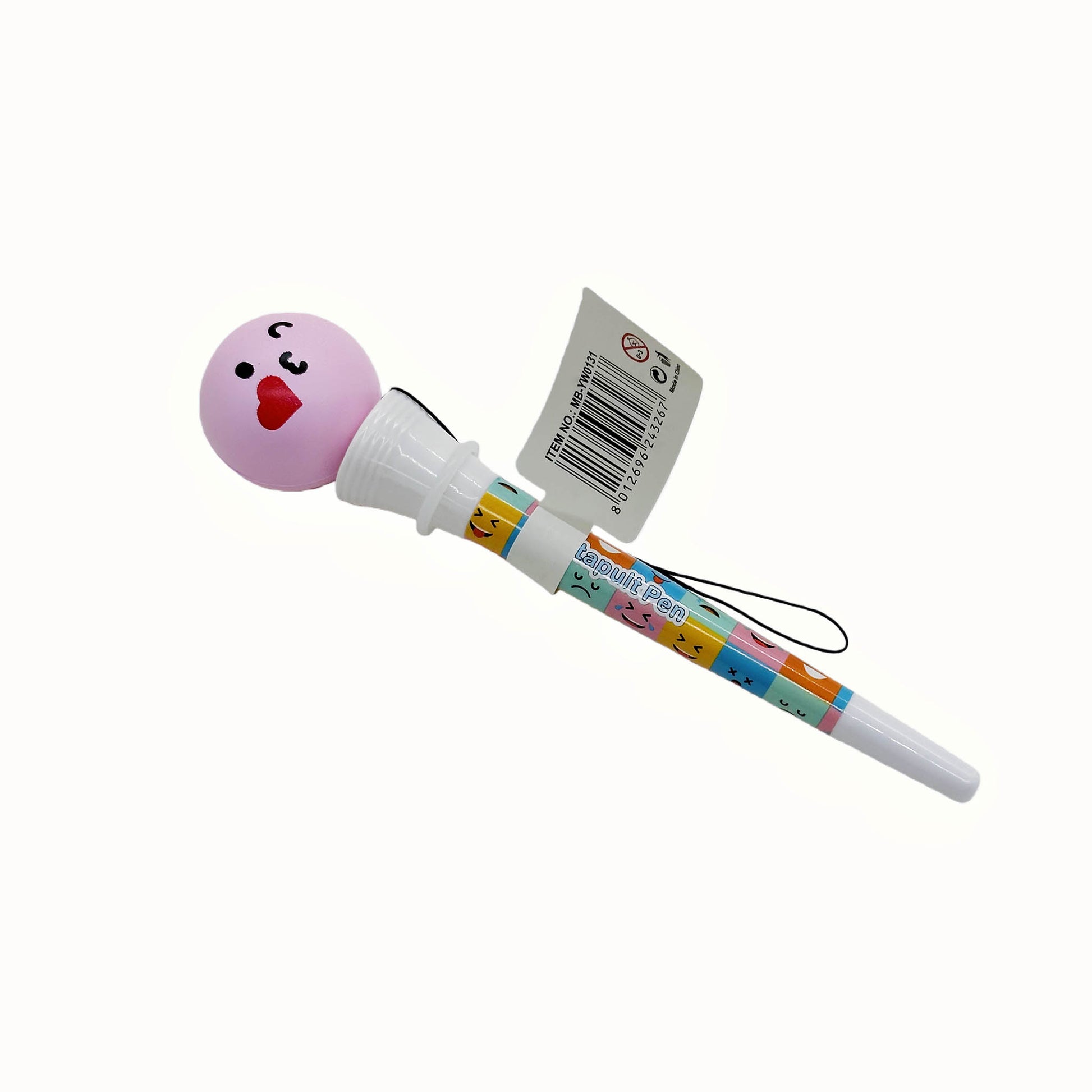 Toy pen with pink boxing glove top, colorful barrel and label tag with dangling cord