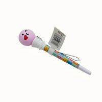 Toy pen with pink boxing glove top, colorful barrel and label tag with dangling cord