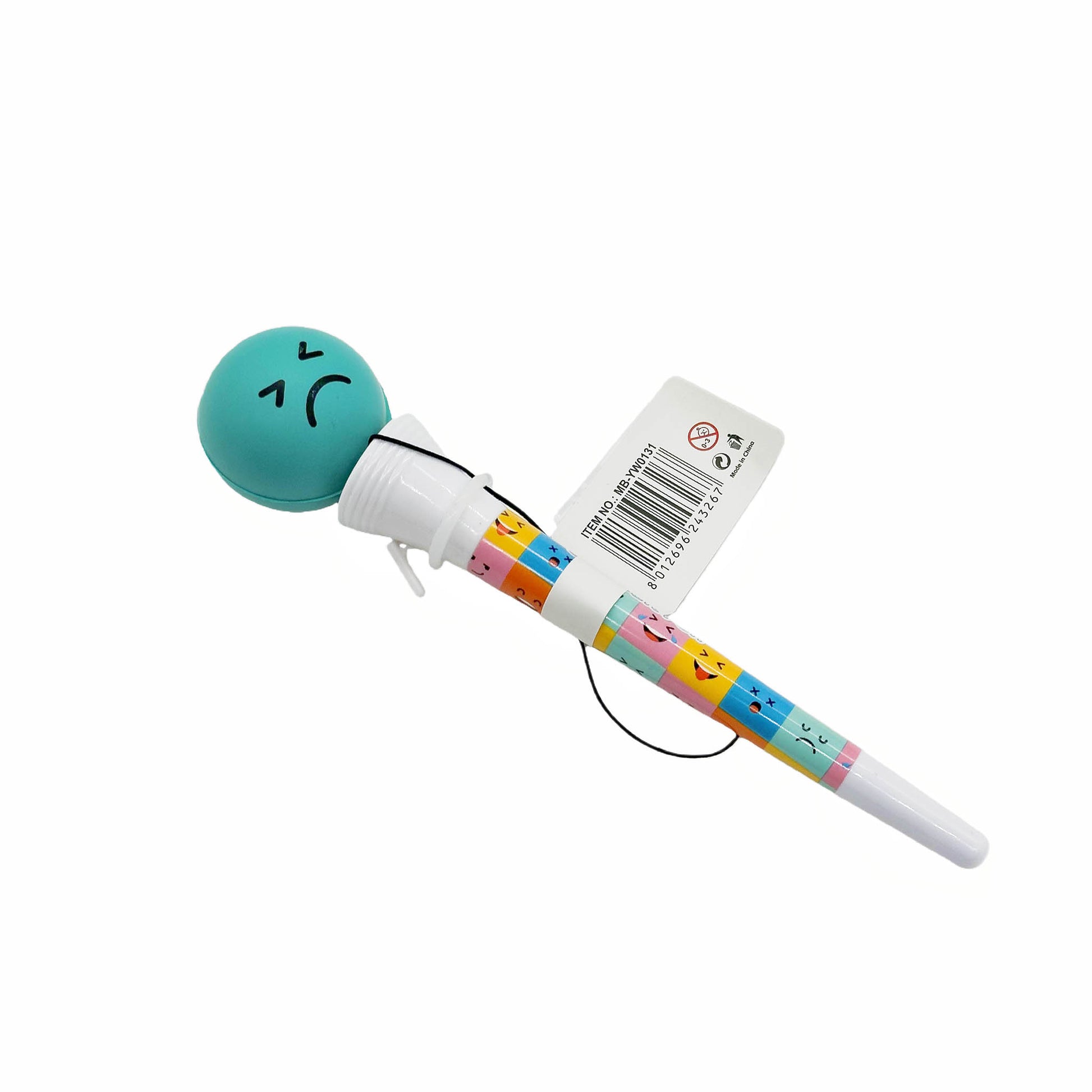 Toy pen with teal boxing glove top, colorful barrel and label tag, white push-button