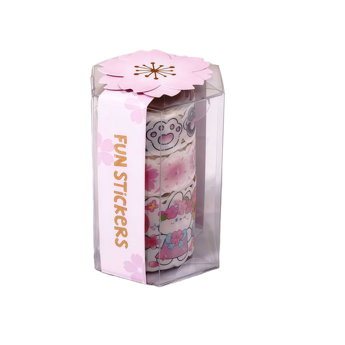 Fun sticker set in clear box with pink flower lid and rolled cartoon stickers
