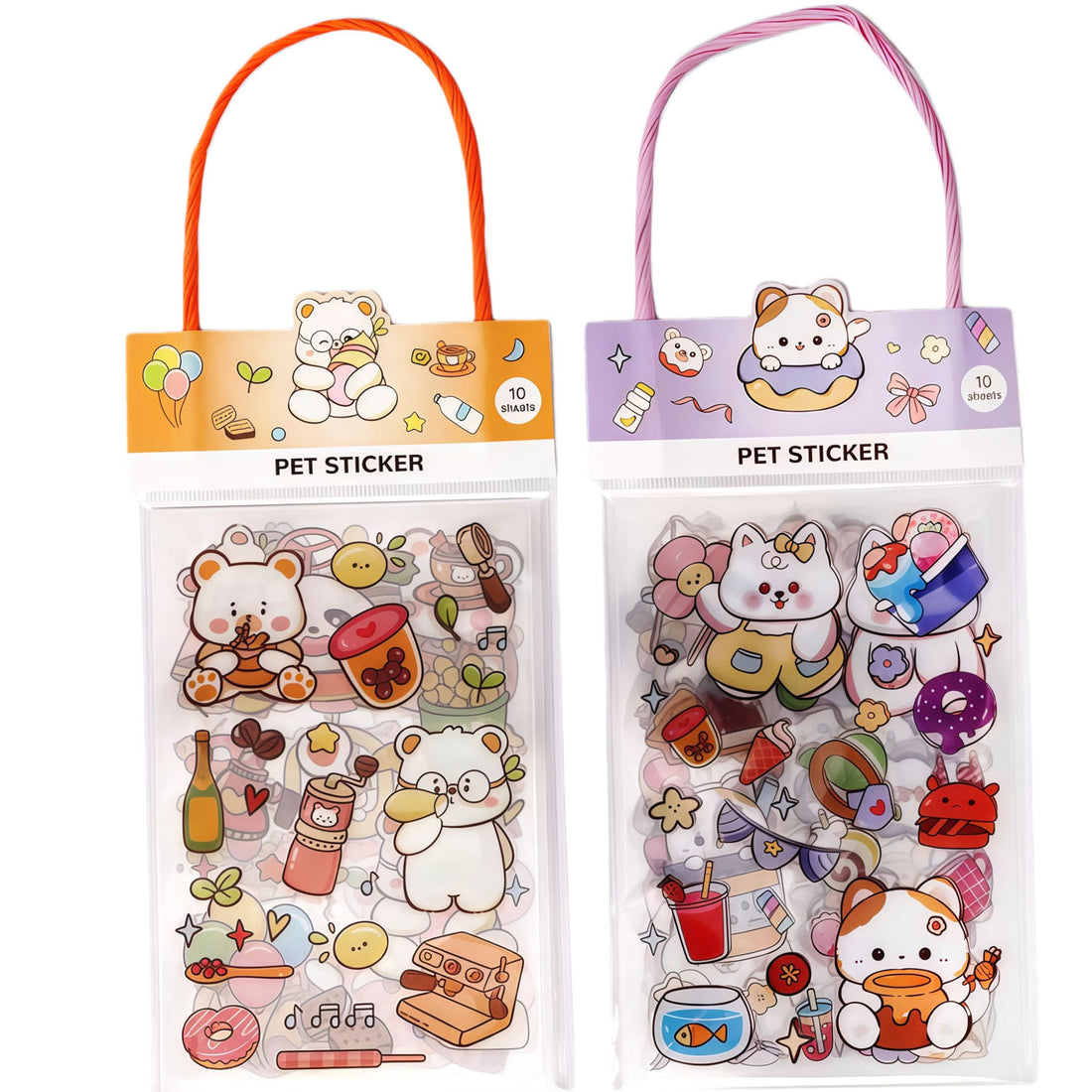 Pet sticker pack set in clear pouch with orange and purple carry handles, cartoon animals
