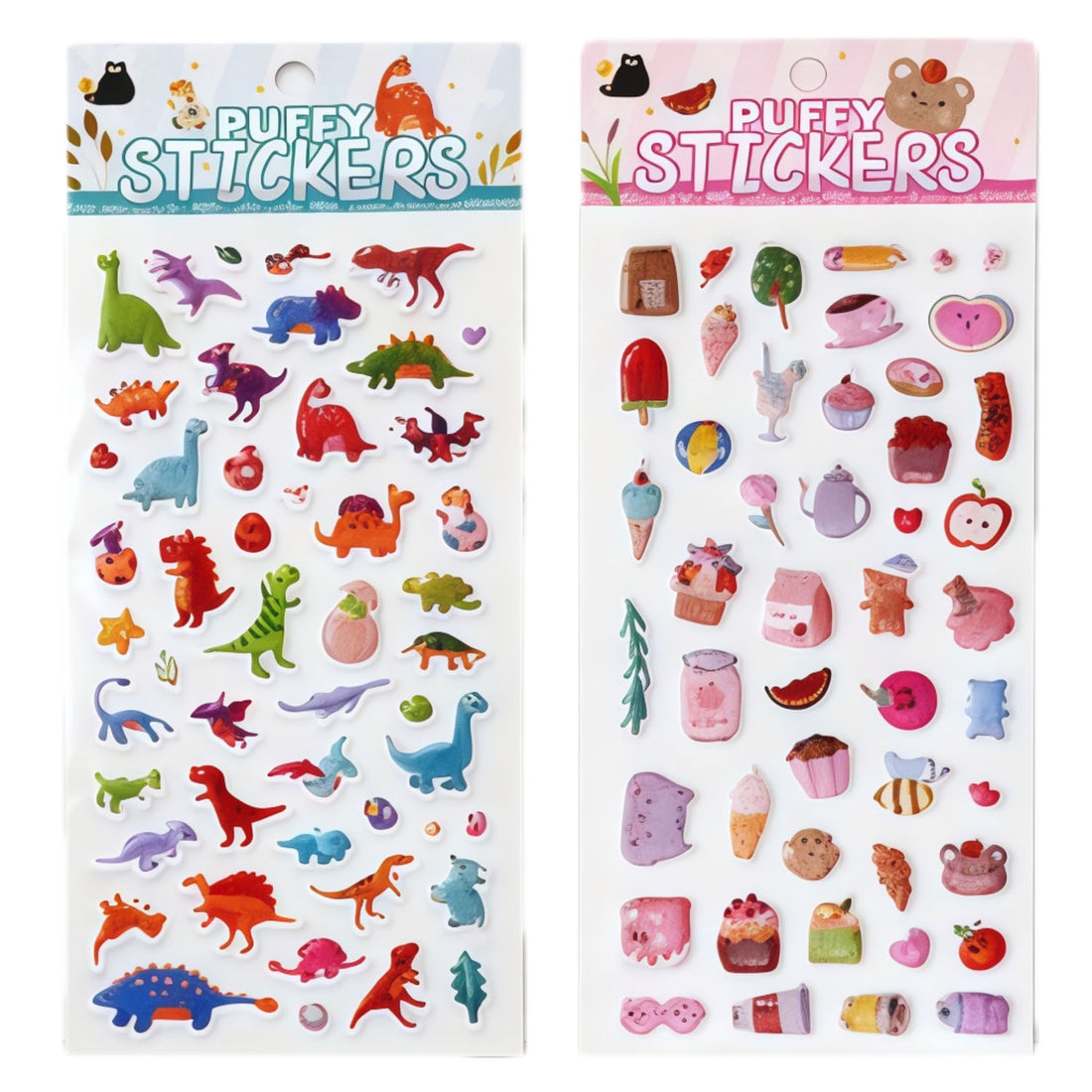 Puffy dinosaur stickers and cute animal icons on two sticker sheets for crafts