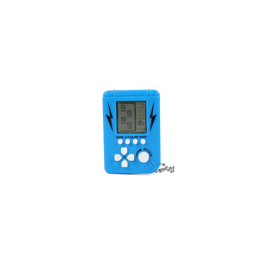 Blue handheld electronic game device with screen and lightning icons