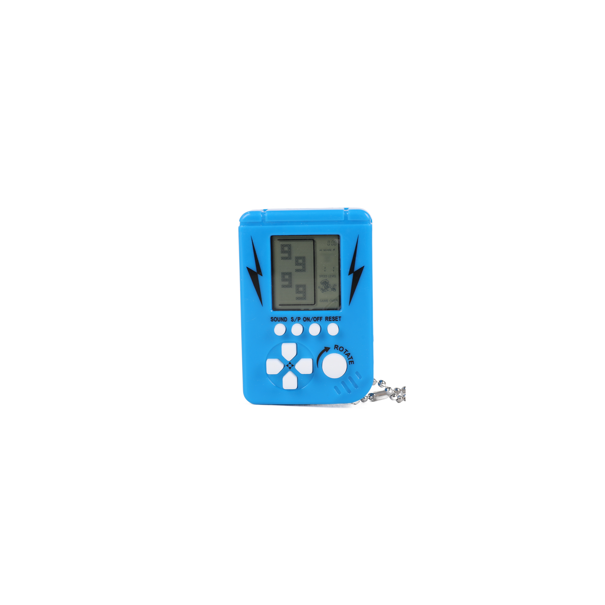 Blue handheld electronic game device with screen and lightning icons