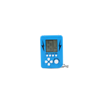 Blue handheld electronic game device with screen and lightning icons