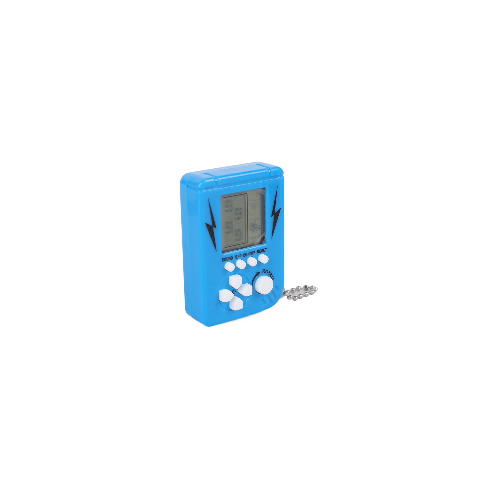 Blue handheld electronic game device with screen, D-pad and buttons