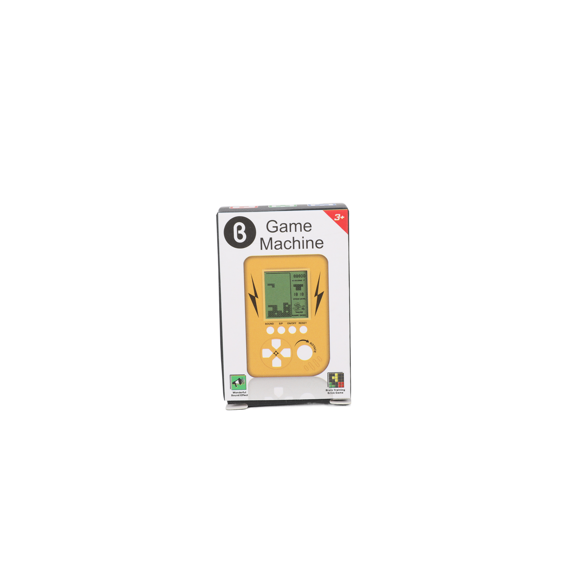 Boxed handheld electronic game device with yellow screen graphic and button controls