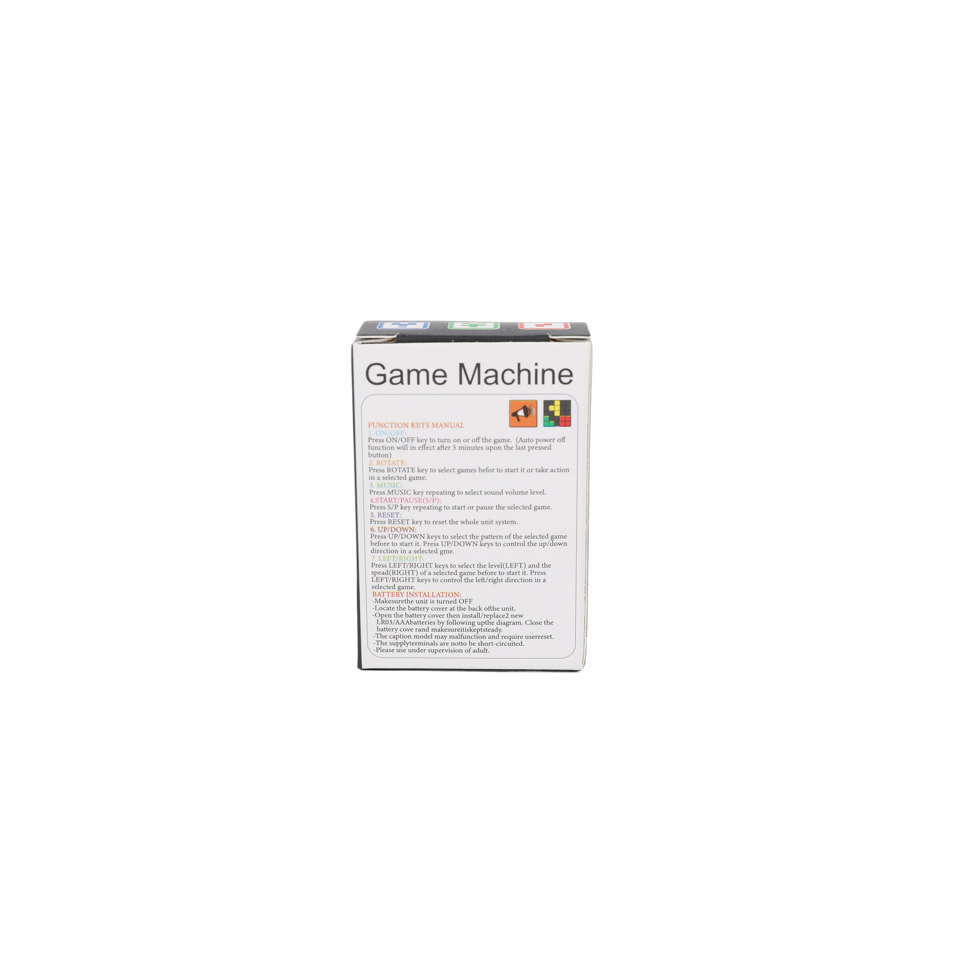 Retail box back for handheld electronic game device with product details and icons