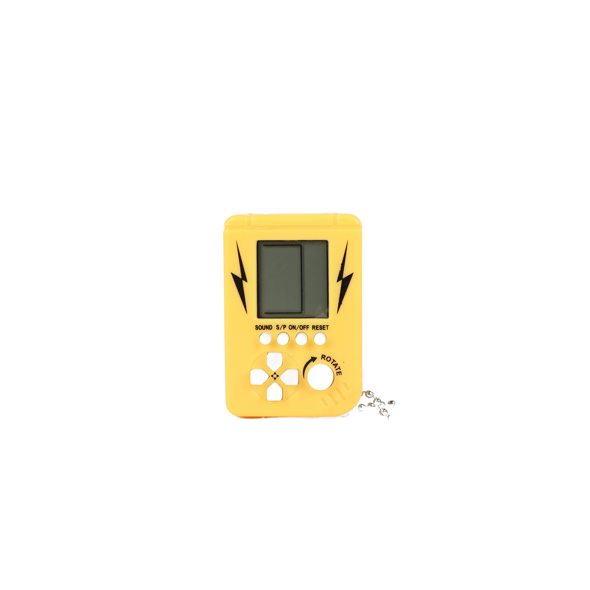 Handheld electronic game device, yellow body with LCD screen and button controls