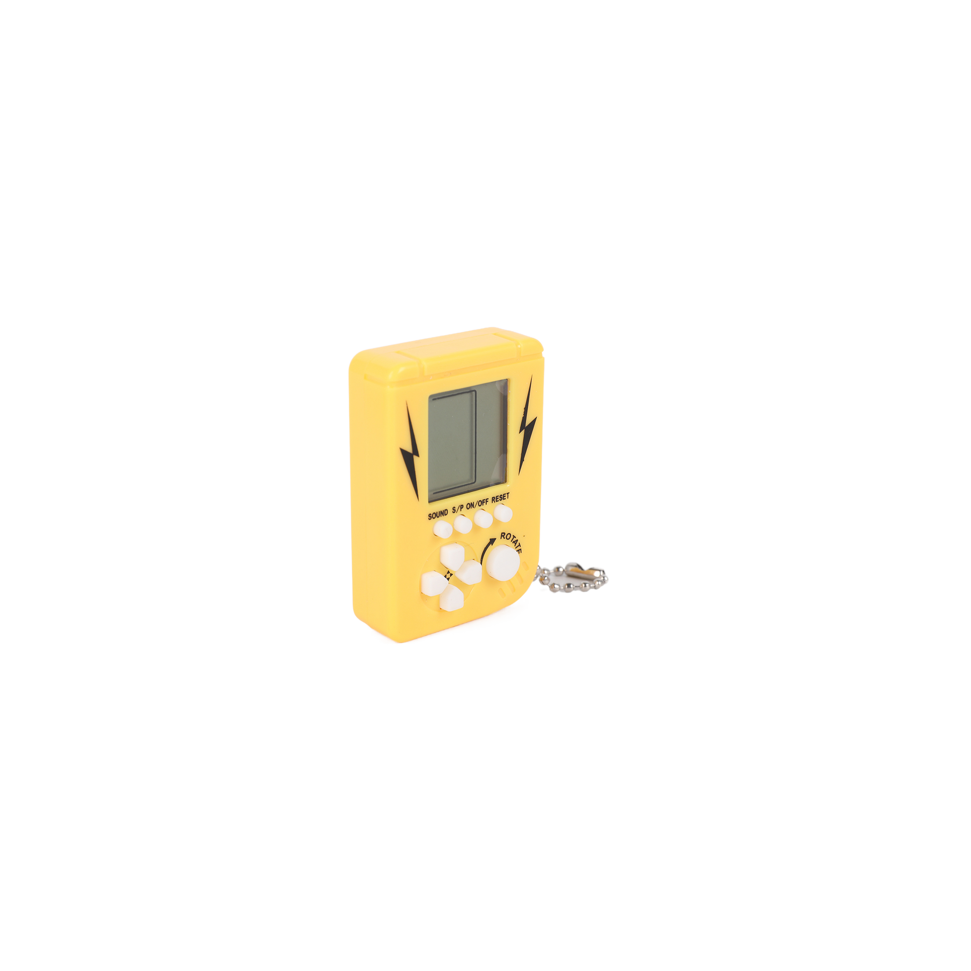 Handheld electronic game device, yellow front with LCD screen and D-pad controls