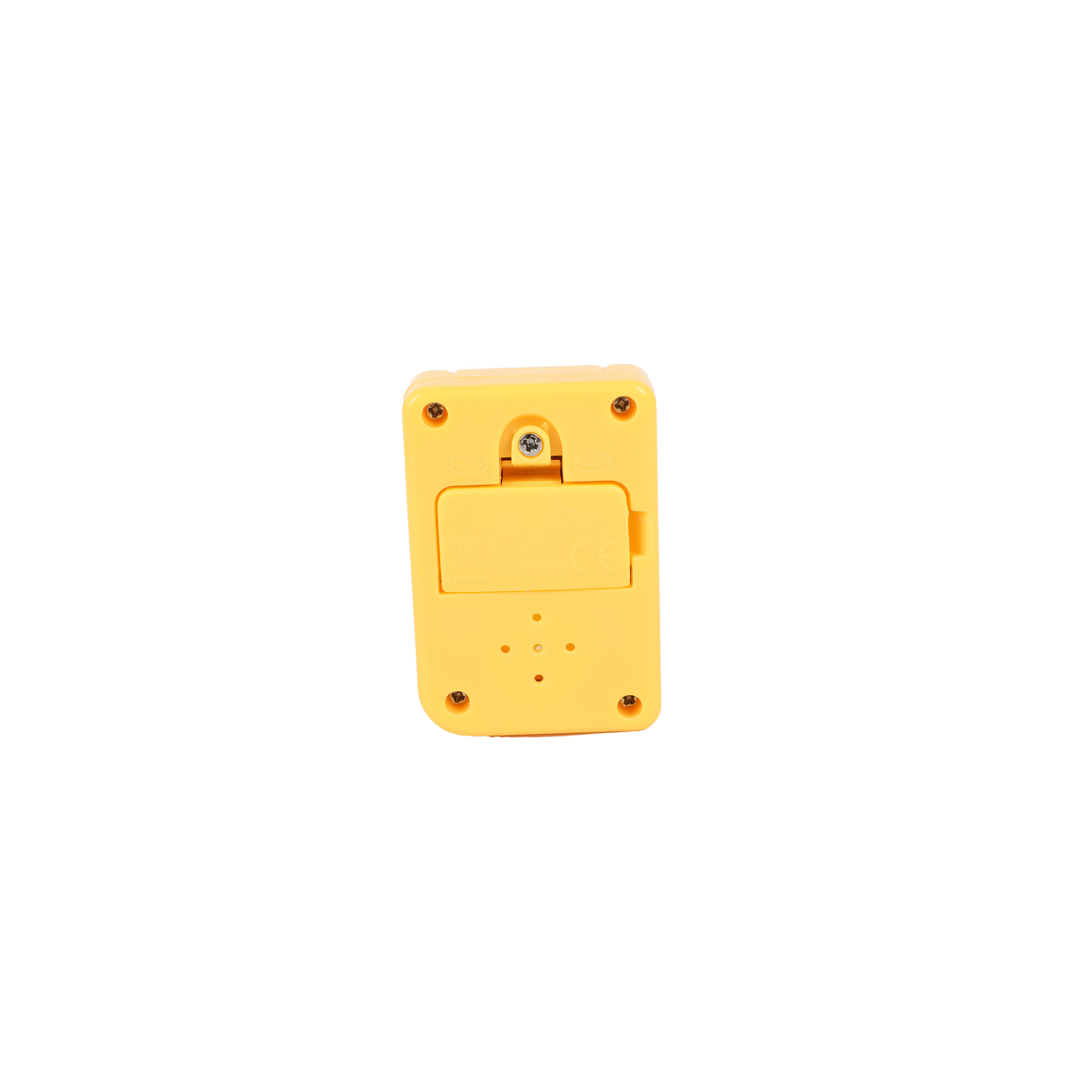 Handheld electronic game device back, yellow casing with battery door and screw holes
