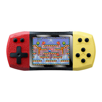 Handheld game console with red left grip, yellow right grip, and built-in screen