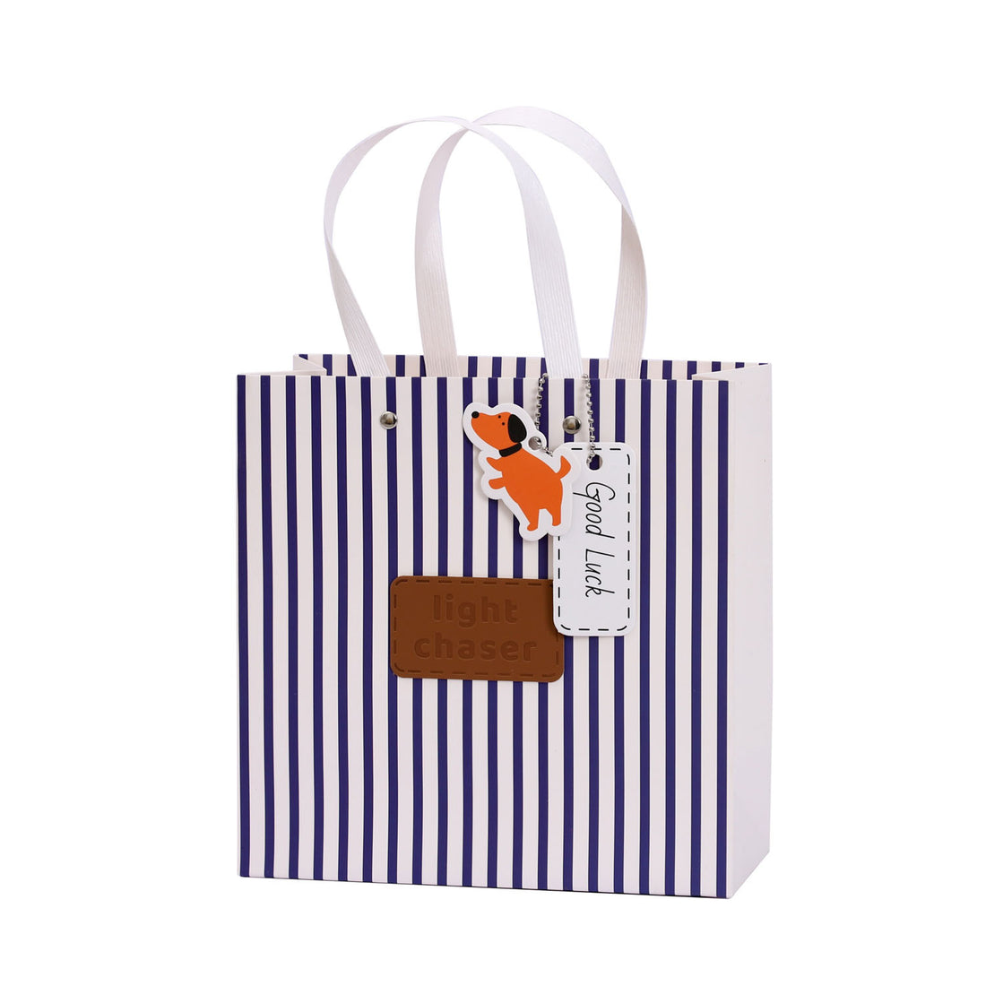 Small striped gift bag with white handles and cartoon character charm on front.