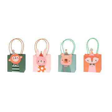 Animal character gift bags with handles in fox, lion, bunny and bear designs