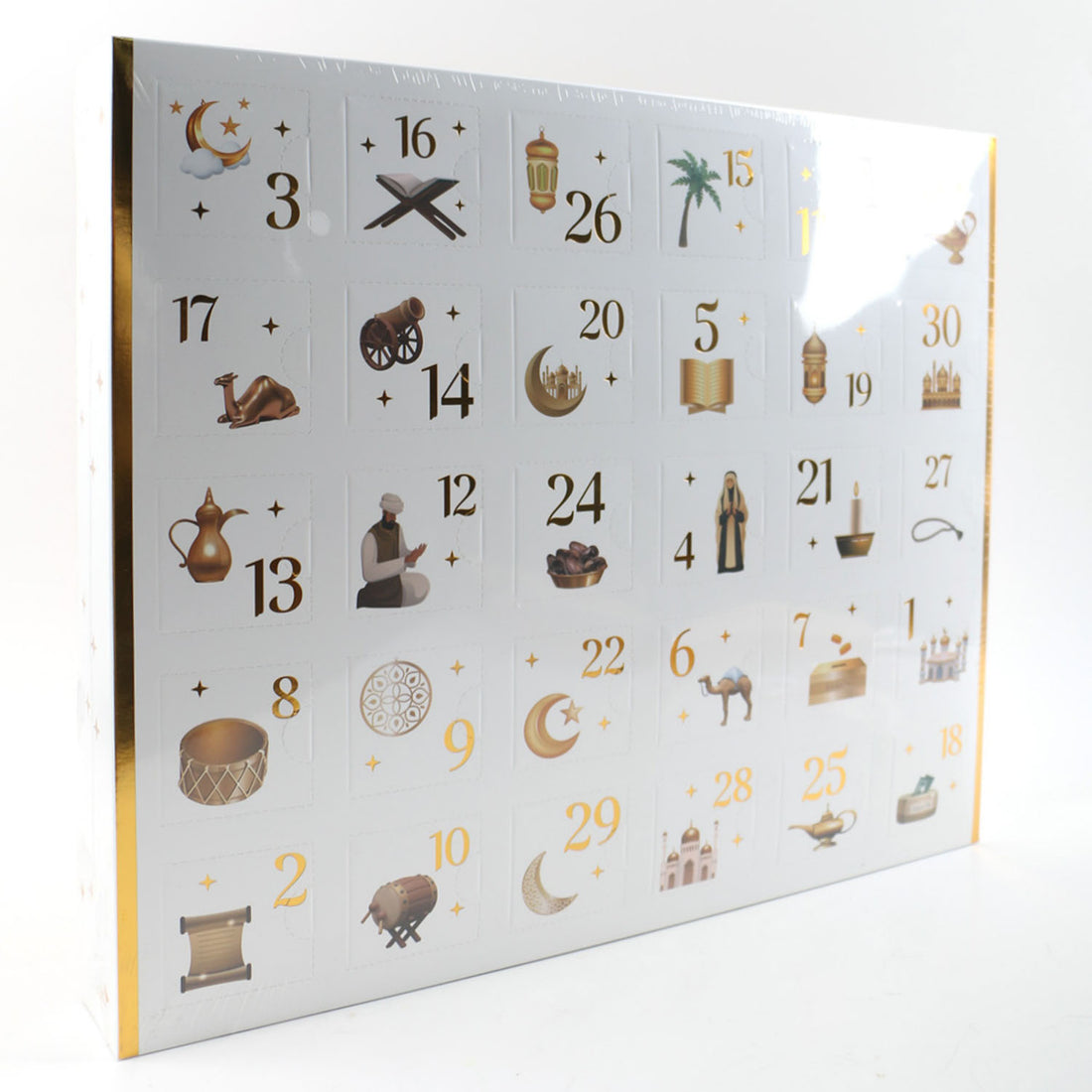 Islamic Ramadan countdown calendar with gold-toned numbered icons on front