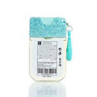 Back label hand sanitizer bottle with mint blue glitter cap and turquoise carry loop
