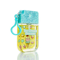 Hand sanitizer bottle with mint blue glitter cap and turquoise carry loop
