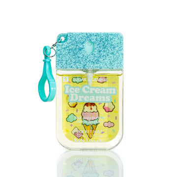 Mint blue glitter cap hand sanitizer bottle with clip; Ice Cream Dreams label