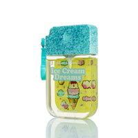Clear hand sanitizer bottle with mint blue glitter cap; Ice Cream Dreams front label