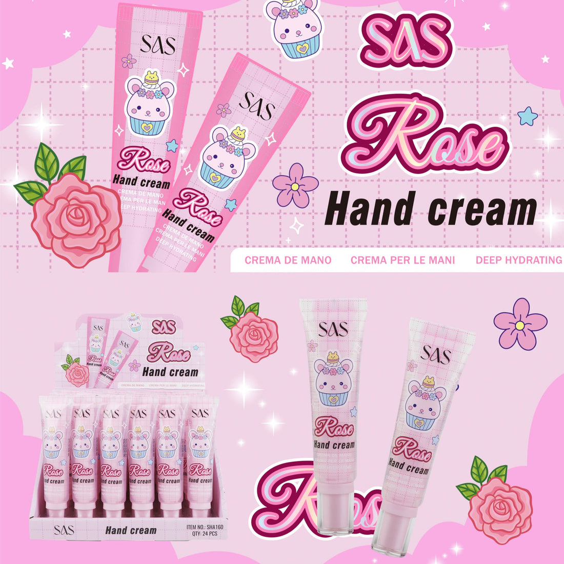 Rose hand cream set with SAS tubes and box, pink floral design