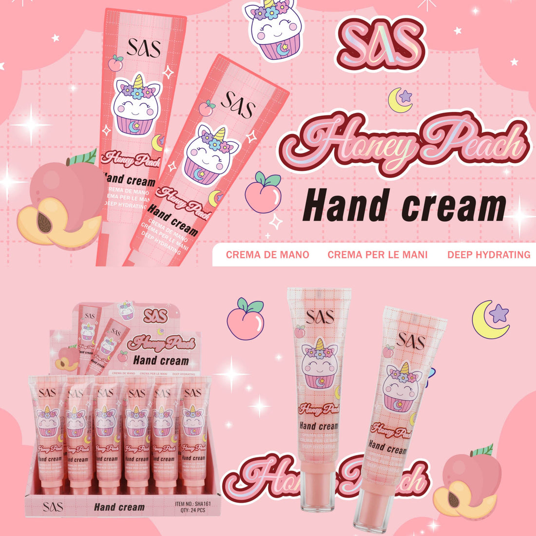 Pink hand cream tubes, honey peach label on front