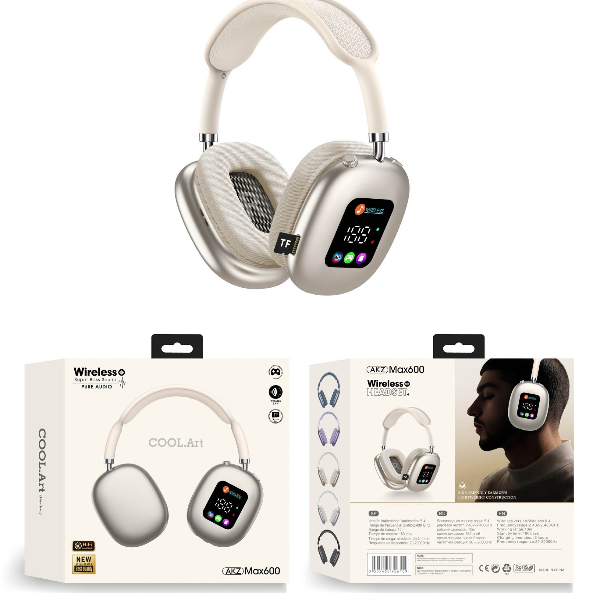 Wireless over-ear headphones, cream earcups with RGB display and TF logo