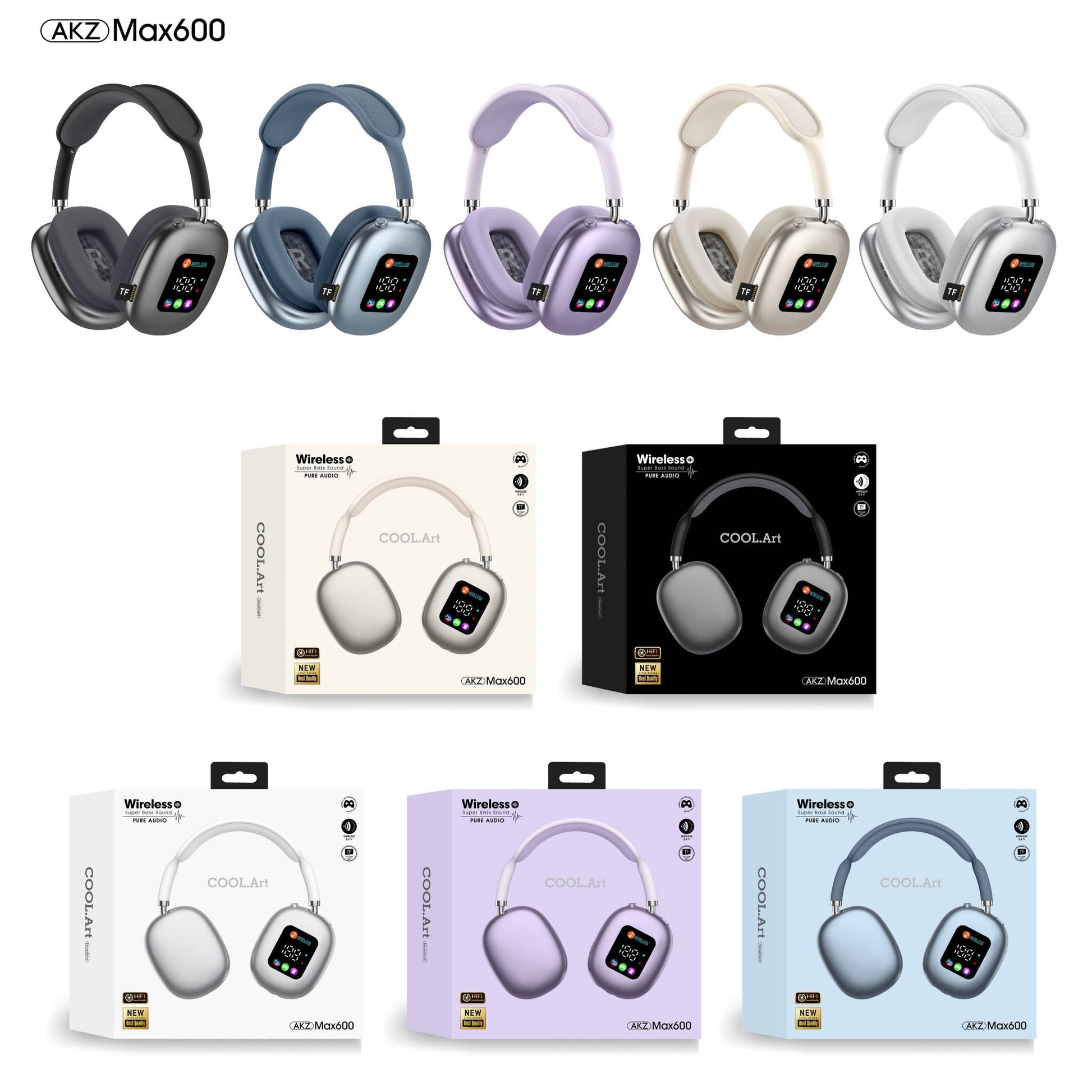 Wireless over-ear headphones in several colors with RGB displays, shown with product boxes