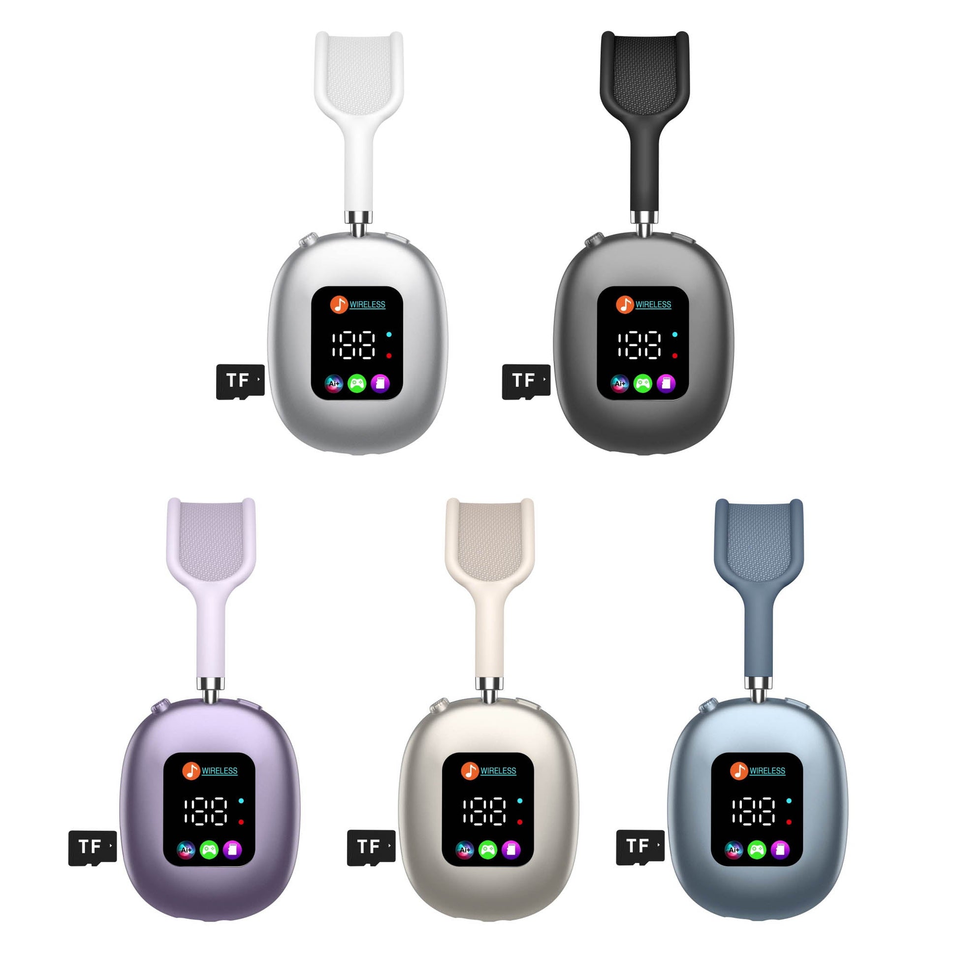 Wireless over-ear headphones in multiple colors with RGB display and TF logo