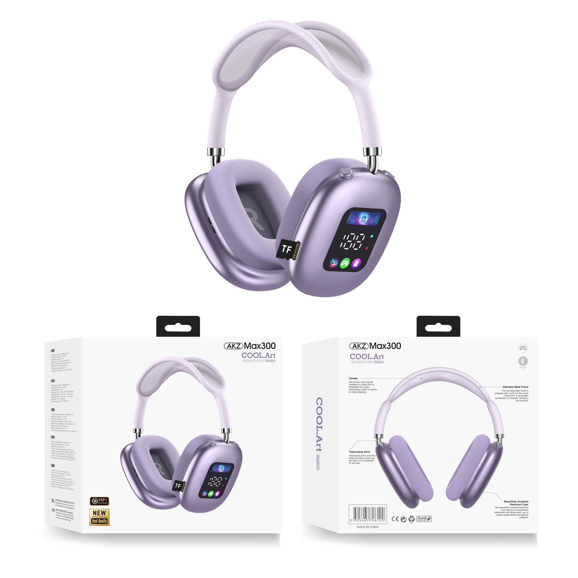 Lavender over-ear headphones with a small display panel, shown with product boxes.