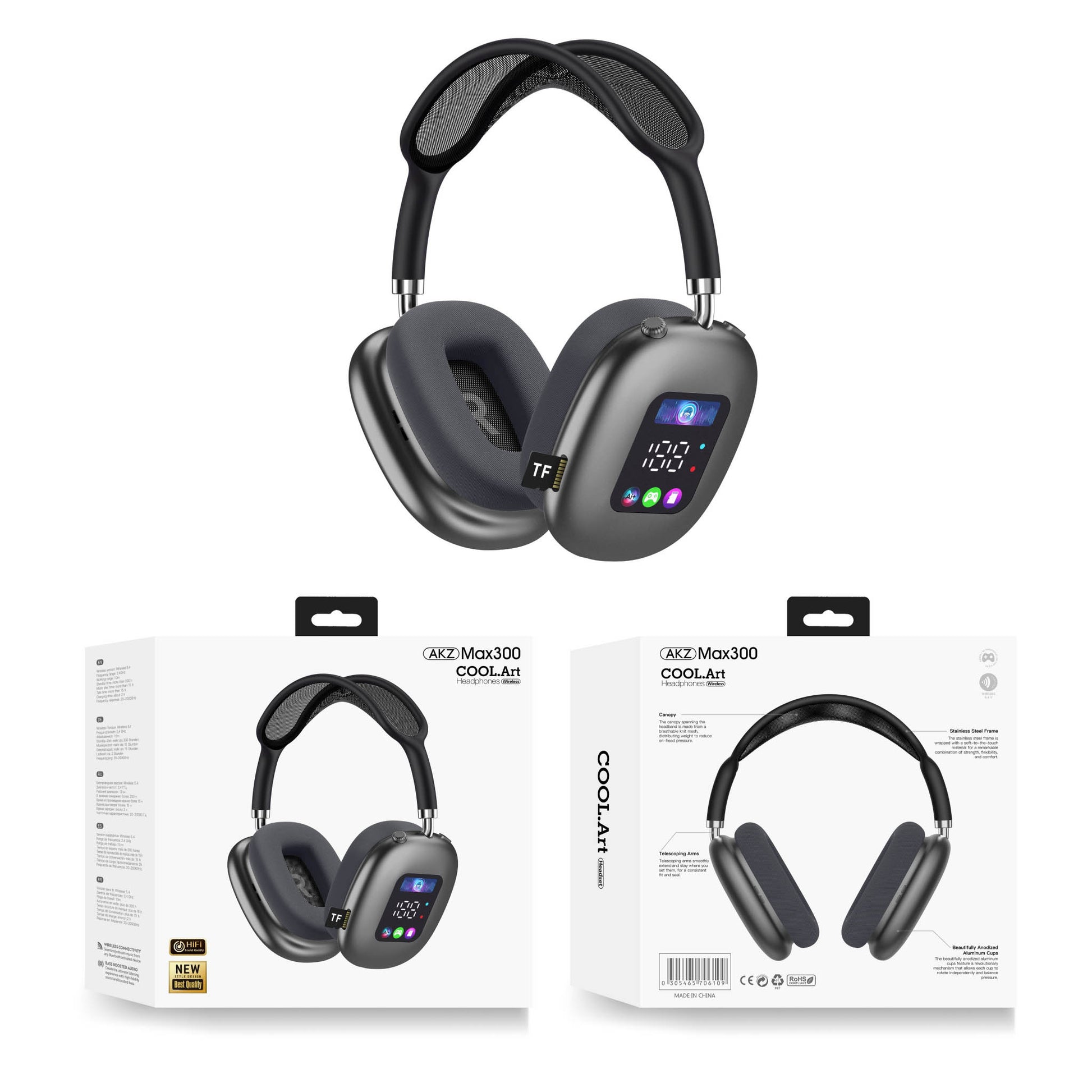 Black over-ear headphones with a small display panel, shown with product boxes.