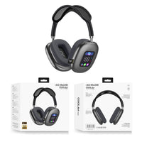 Black over-ear headphones with a small display panel, shown with product boxes.