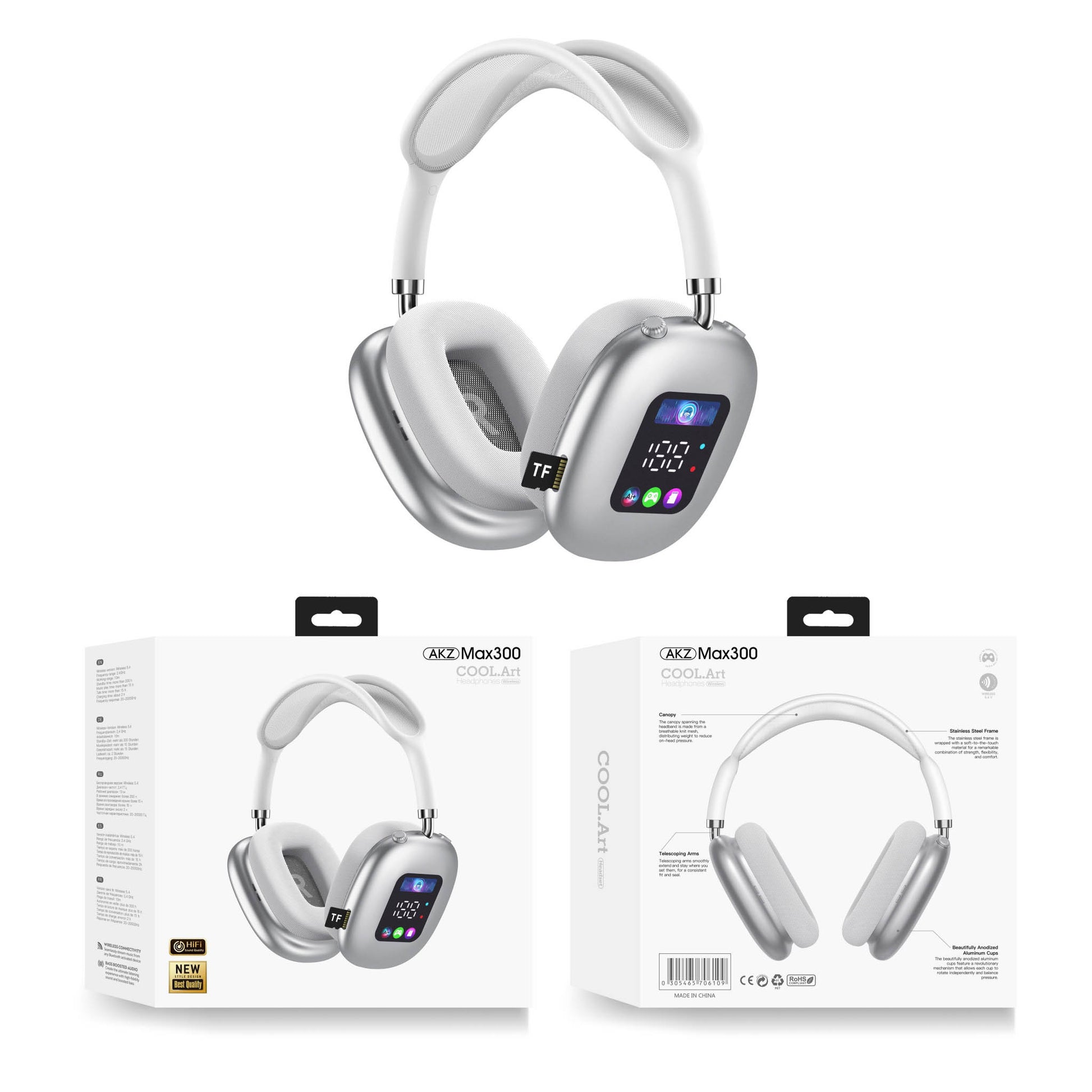 White over-ear headphones with a small display panel, shown with product boxes.