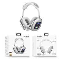 White over-ear headphones with a small display panel, shown with product boxes.