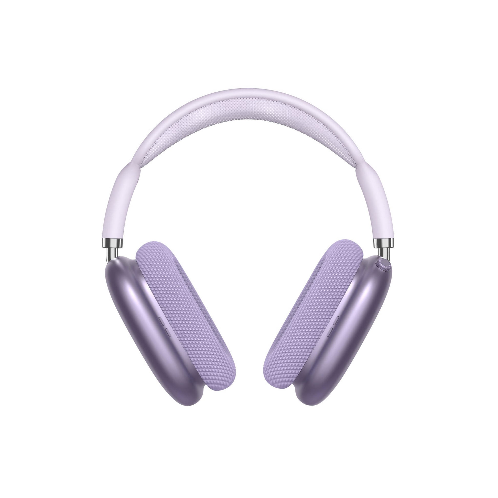 Purple over-ear headphones with padded earcups, front view.