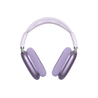 Purple over-ear headphones with padded earcups, front view.