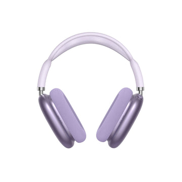 Purple over-ear headphones with padded earcups, front view.