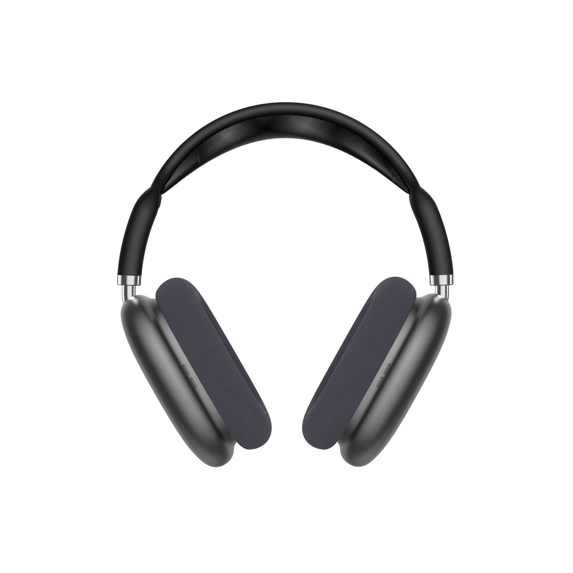 Black over-ear headphones with cushioned earcups, front view.