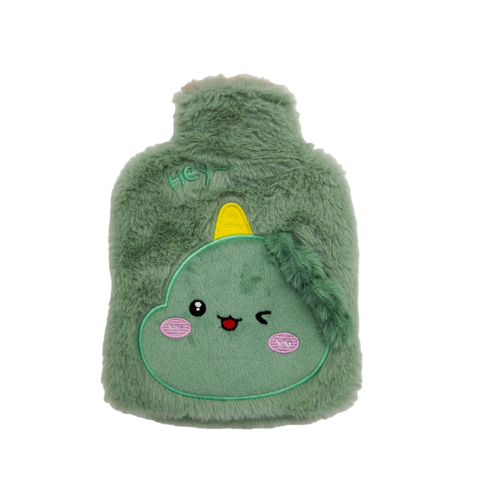 1L rubber hot water bottle with green plush cover and yellow smiley on front