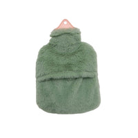 1L rubber hot water bottle with green plush cover, top handle ring