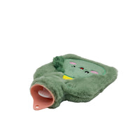 1L rubber hot water bottle with green plush cover, cute face, pink cap opening