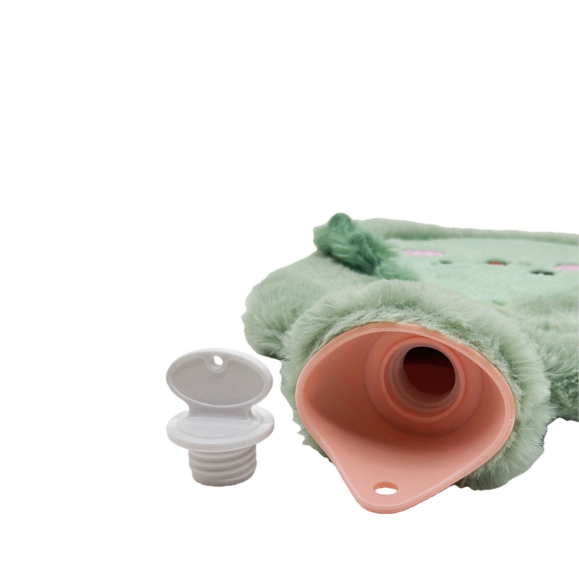 1L rubber hot water bottle with green plush cover; orange rubber neck, cap removed