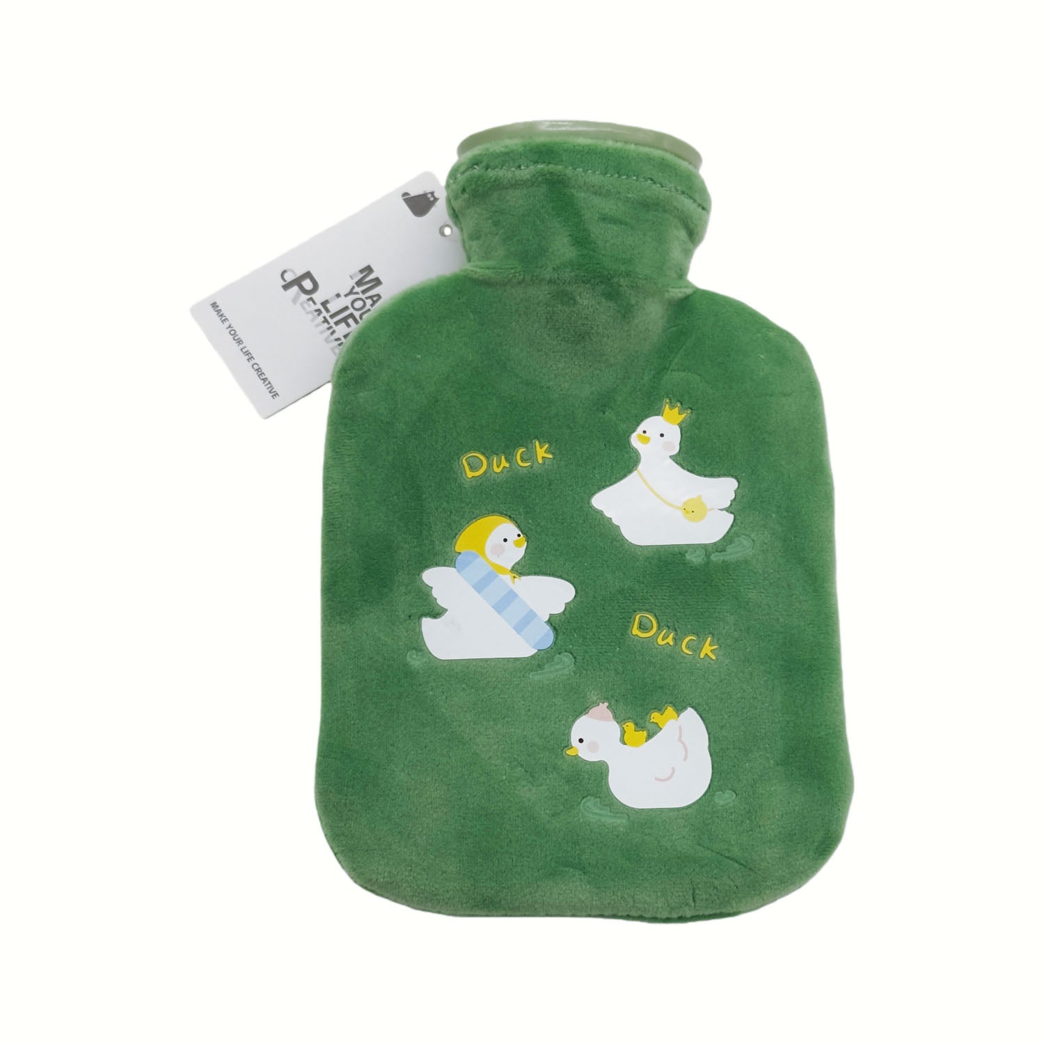 Green plush hot water bag with duck cartoon print and looped collar