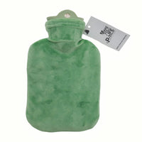 Green plush hot water bag with metal-ring cap and subtle duck pattern