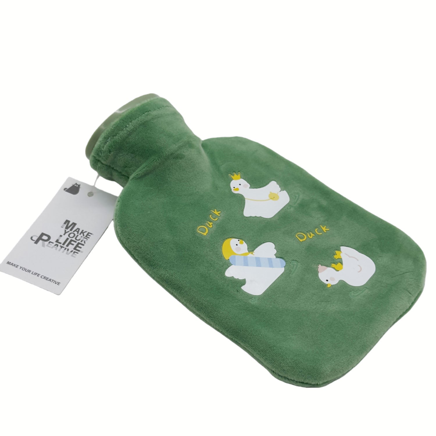 Green duck-pattern hot water bag lying flat with white cap visible