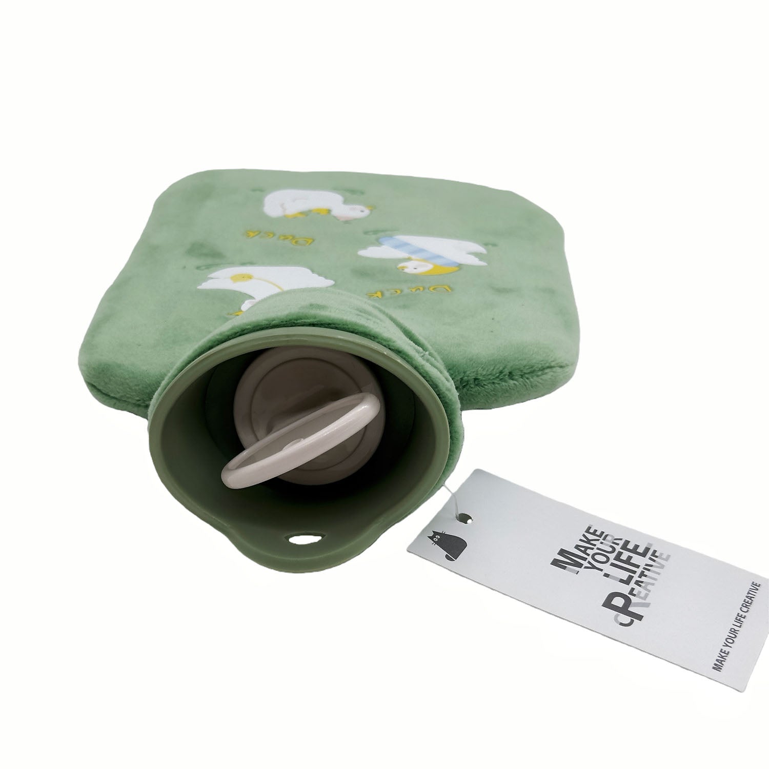 Green duck-pattern hot water bag with open mouth and white cap inside