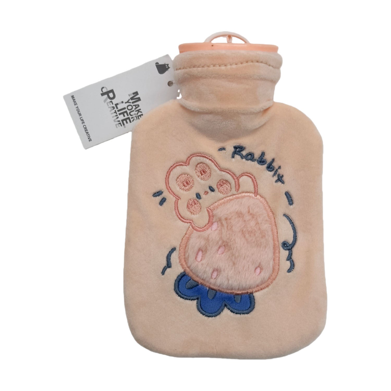 Plush rabbit hot water bag with loop handle, light beige, embroidered rabbit design